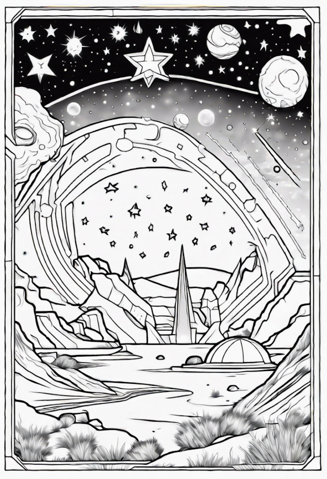 A coloring page of Cosmic Fantasy: Astral Landscape Coloring Page