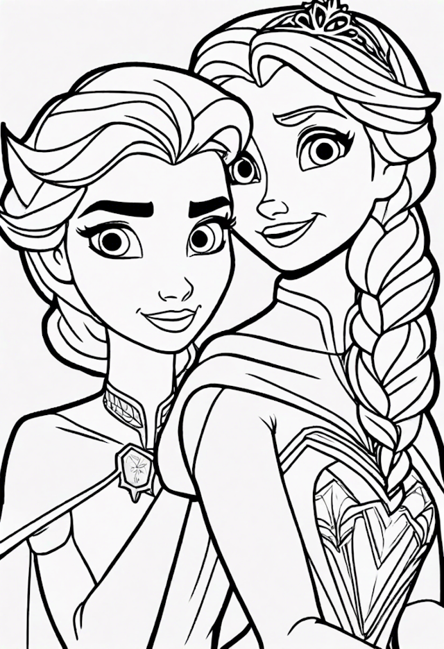 A coloring page of Elsa and Anna’s Magical Sister Bond