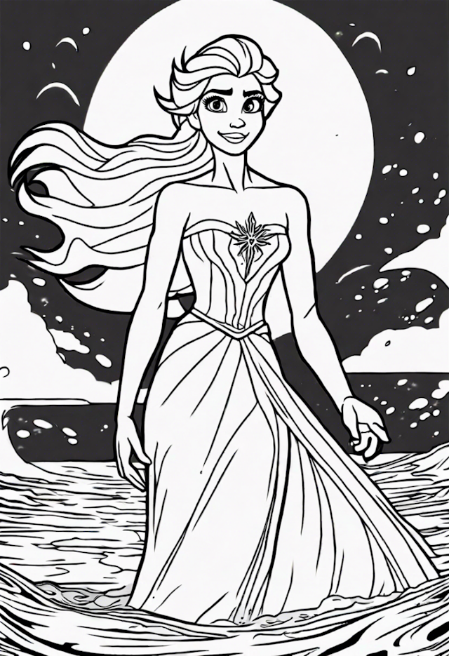 A coloring page of Elsa Walking on Water under a Full Moon