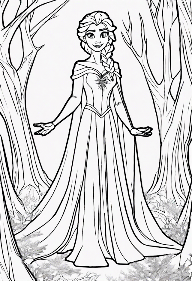 A coloring page of Elsa in the Enchanted Forest Coloring Page