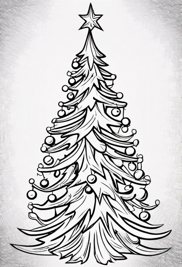 A coloring page of Christmas Tree with Star and Ornaments