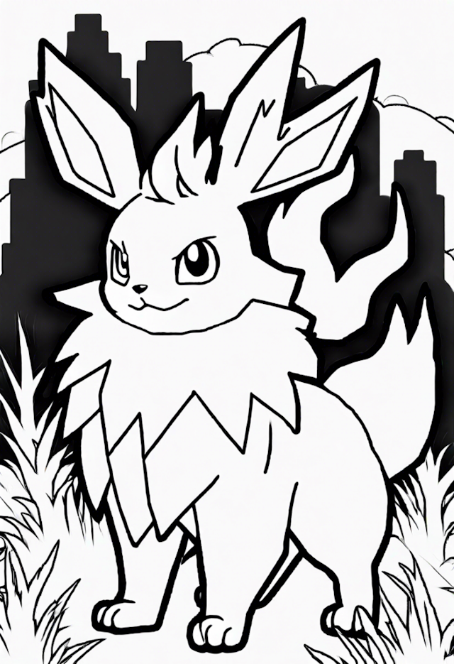 A coloring page of Jolteon in the City Skyline Coloring Page