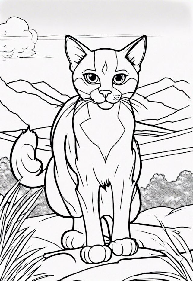 A coloring page of Sitting Cat in the Mountains Coloring Page