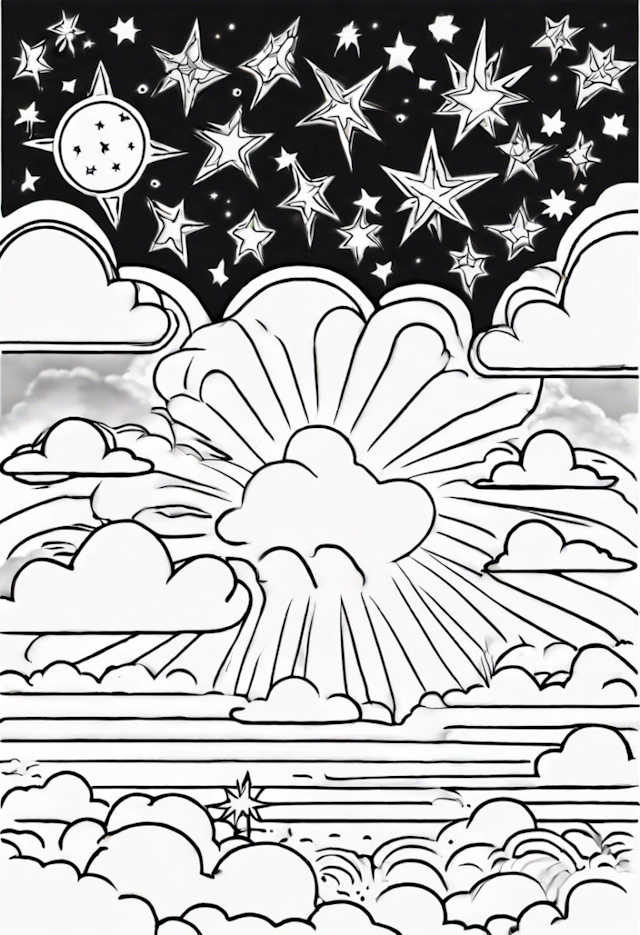A coloring page of Sunrise and Starry Sky Coloring Page