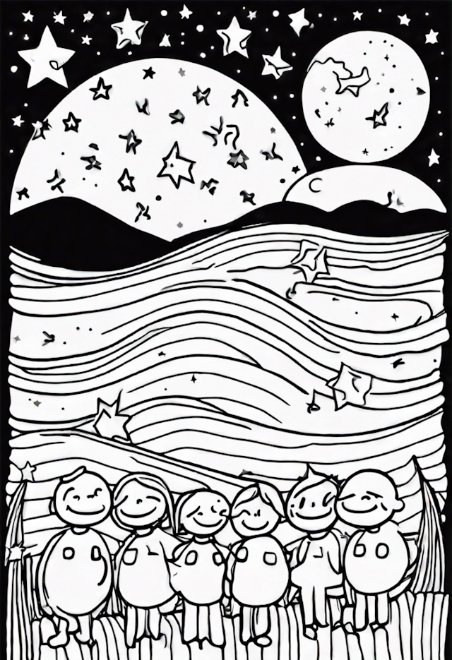 A coloring page of Stargazing with Friends on a Magical Night