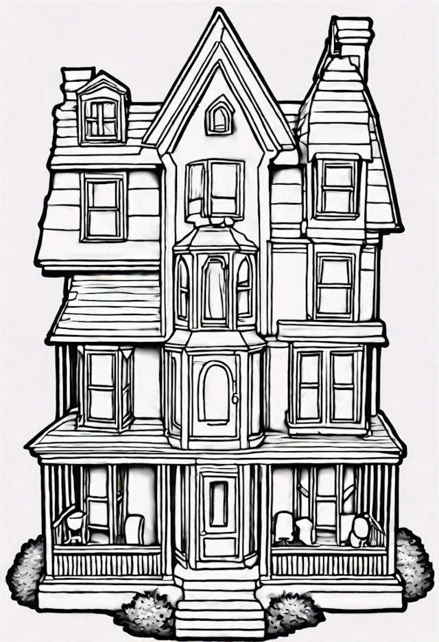 A coloring page of Victorian House Coloring Page
