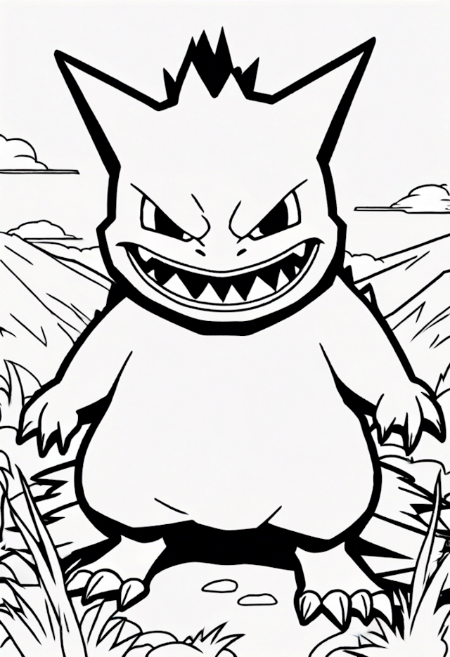 A coloring page of Gengar in the Wild: A Spooky Coloring Adventure