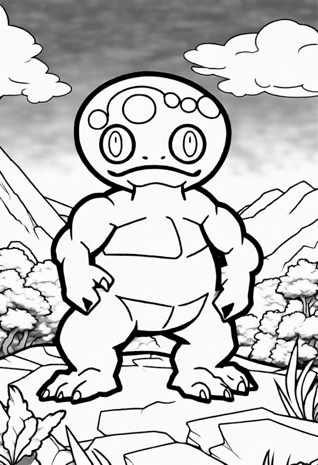 A coloring page of Terence the Terrifying Toad-Man’s Adventure in the Wild