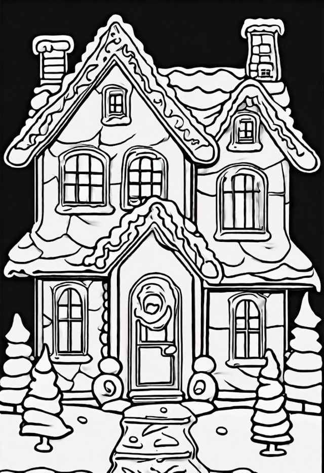 A coloring page of Snowy Winter Cottage Coloring Page
