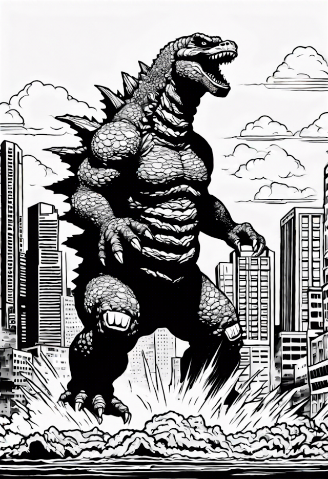 A coloring page of Godzilla Takes Over the City Coloring Page
