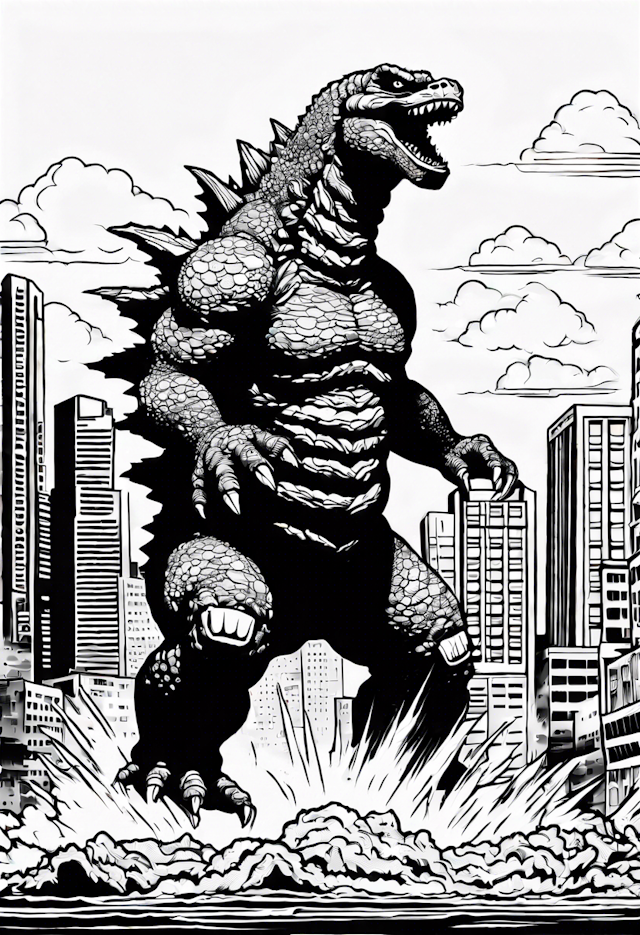 Godzilla Takes Over the City Coloring Page