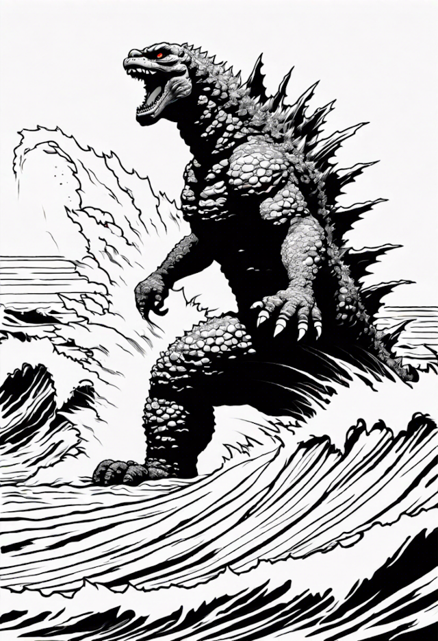 A coloring page of Godzilla Rises from the Ocean Waves Coloring Page