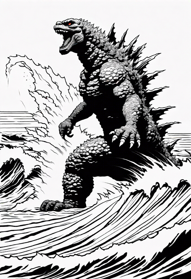 Godzilla Rises from the Ocean Waves Coloring Page
