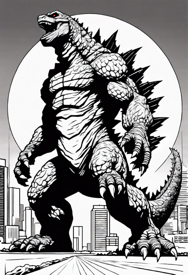 A coloring page of Godzilla Rampage in the City