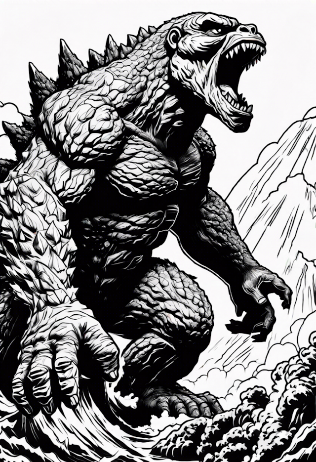 A coloring page of Godzilla Roars Over Mountains Coloring Page