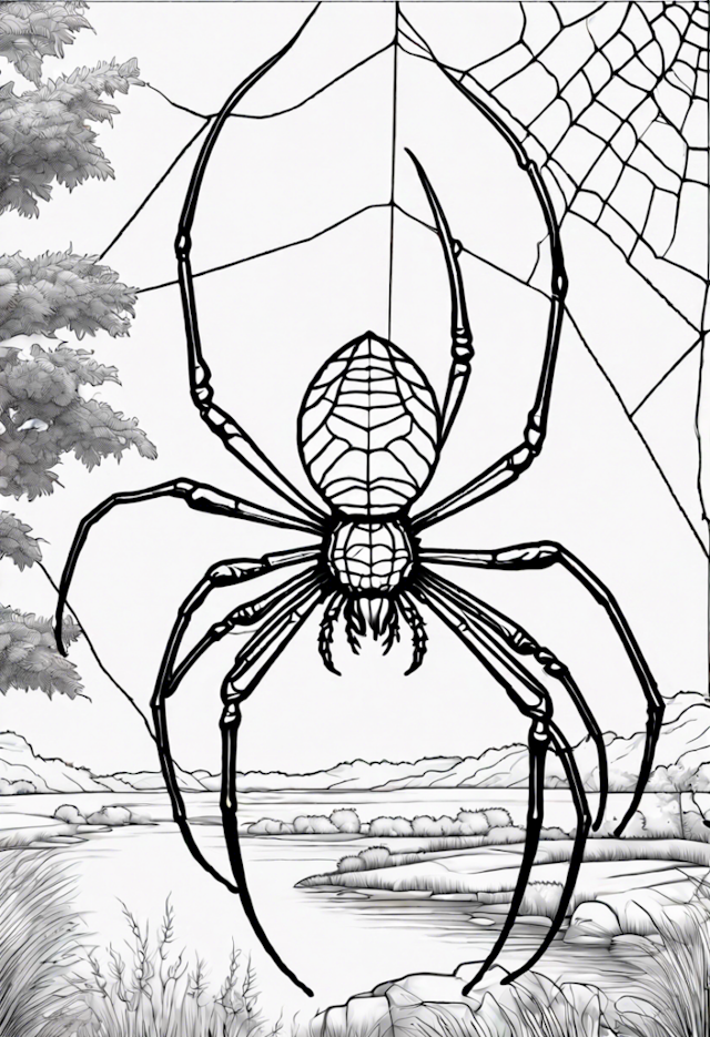 A coloring page of Giant Spider’s Web Adventure Coloring Page