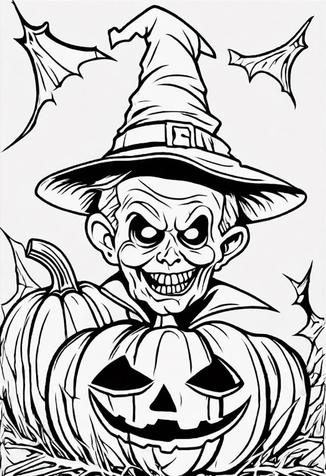 A coloring page of Haunted Jack O’ Lantern and Witch Coloring Page