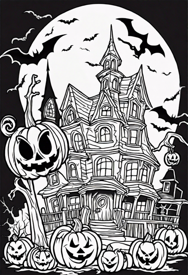 A coloring page of Haunted House and Spooky Jack-o’-Lanterns Coloring Page