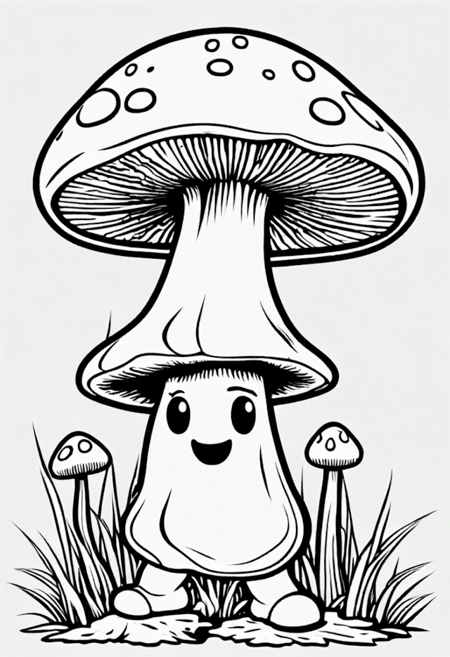 A coloring page of Happy Mushroom Fun Coloring Page