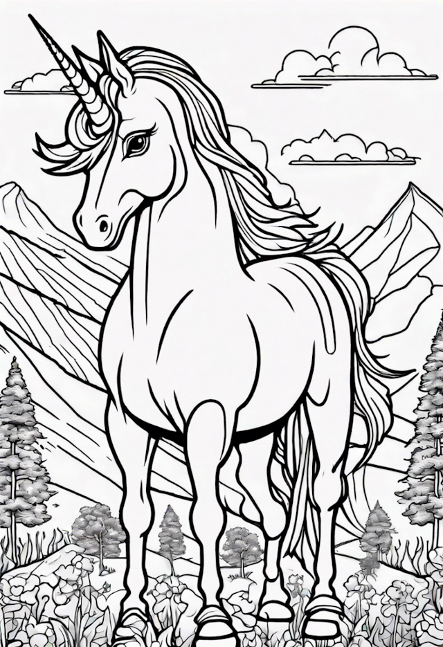 A coloring page of Majestic Unicorn in the Enchanted Mountains Coloring Page