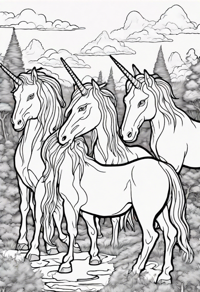 A coloring page of Enchanted Unicorn Gathering in Mystical Forest