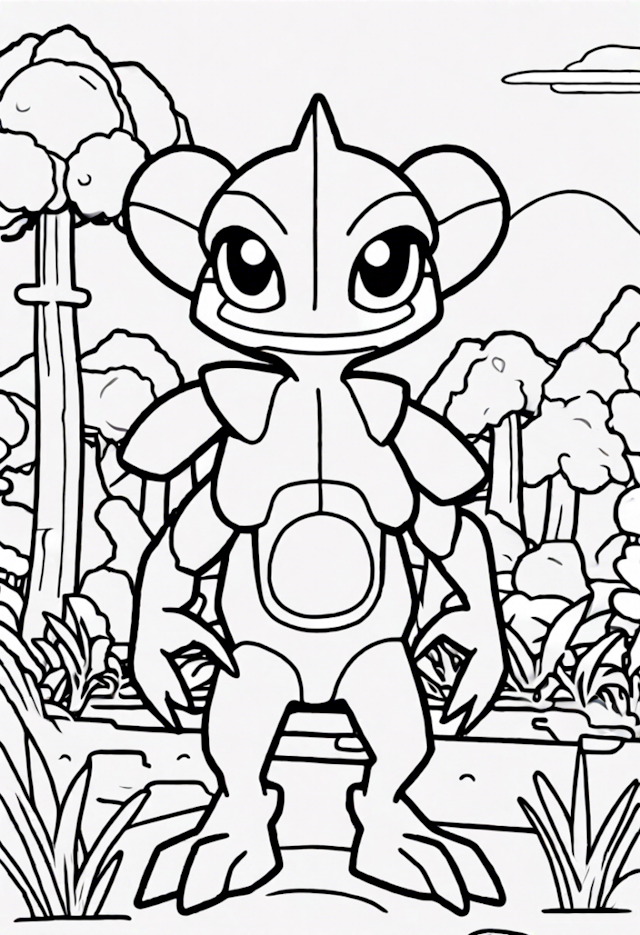 A coloring page of Chespin in the Enchanted Forest