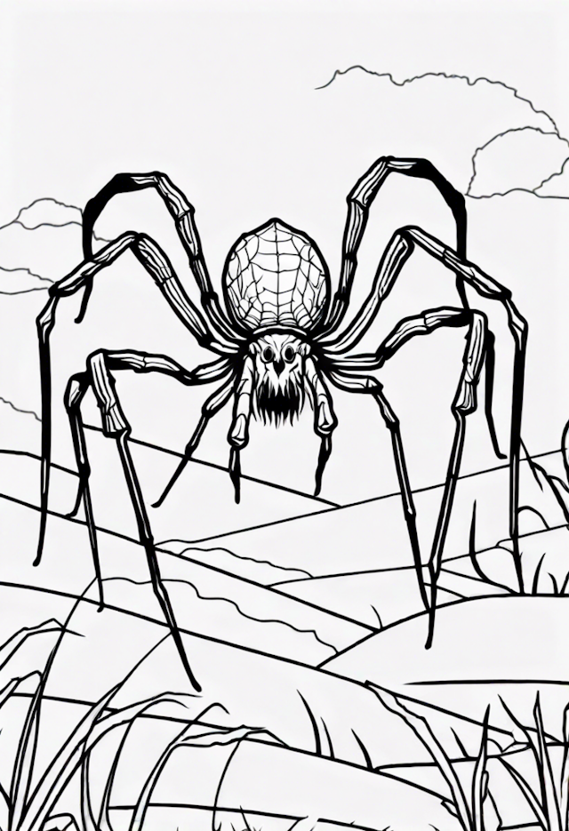 A coloring page of Giant Spider in the Wilderness Coloring Page