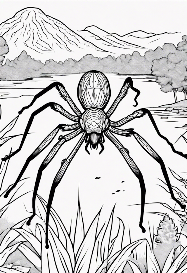 A coloring page of Spider Adventure by the Lake