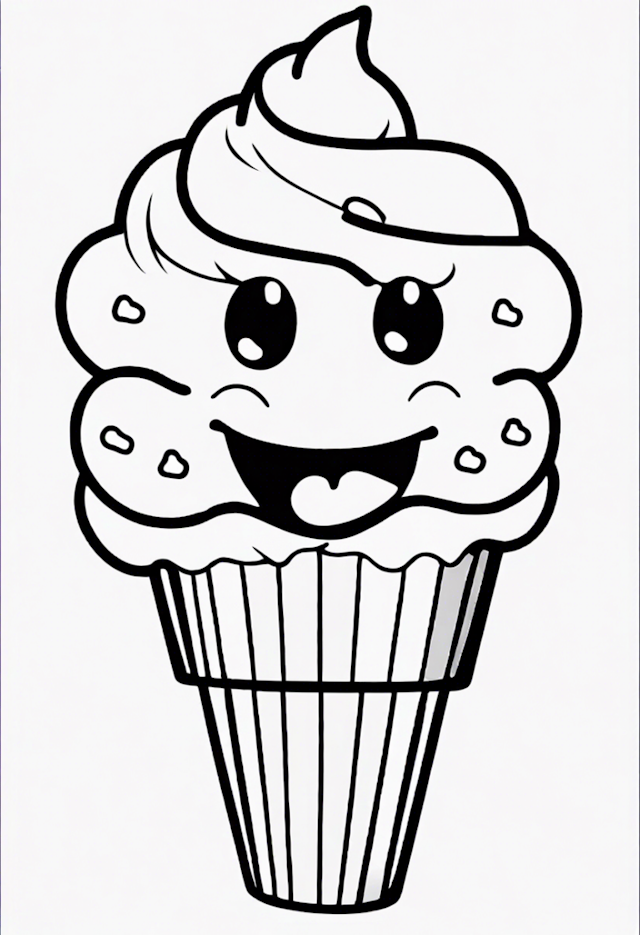 A coloring page of Smiling Cupcake Coloring Fun