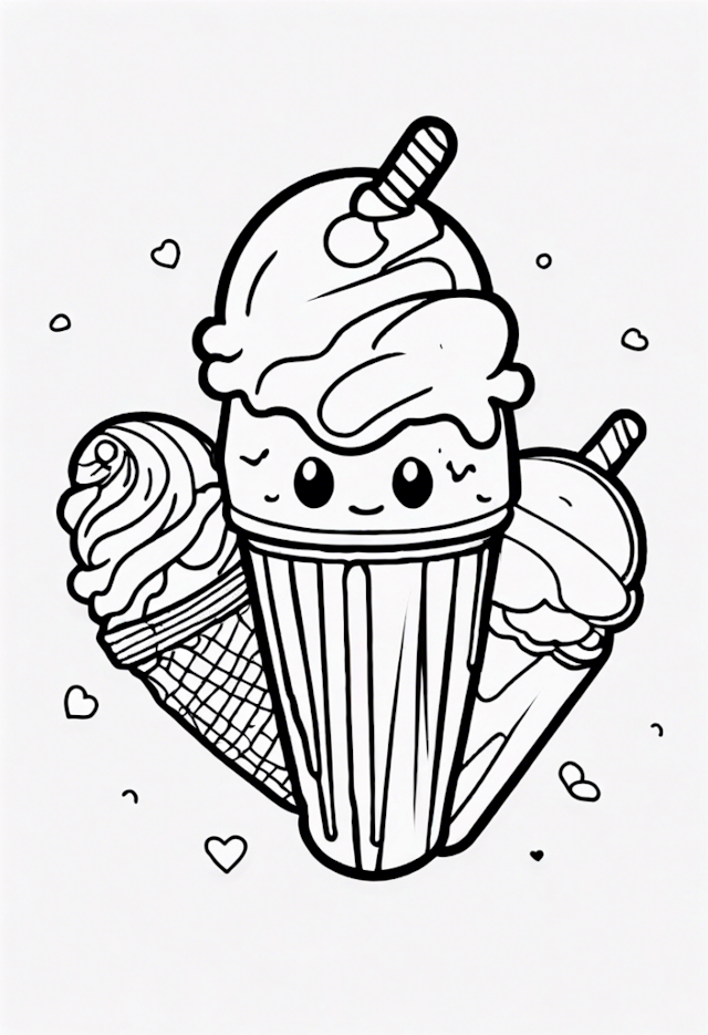 A coloring page of Sweet Ice Cream Treats with Smiley Scoops