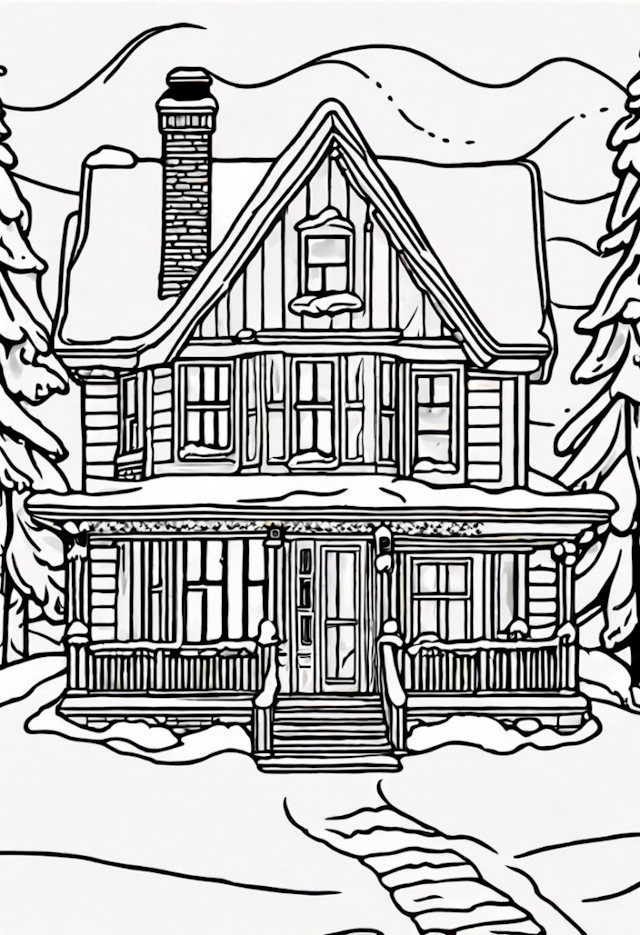 A coloring page of Cozy Snowy Cottage Coloring Page