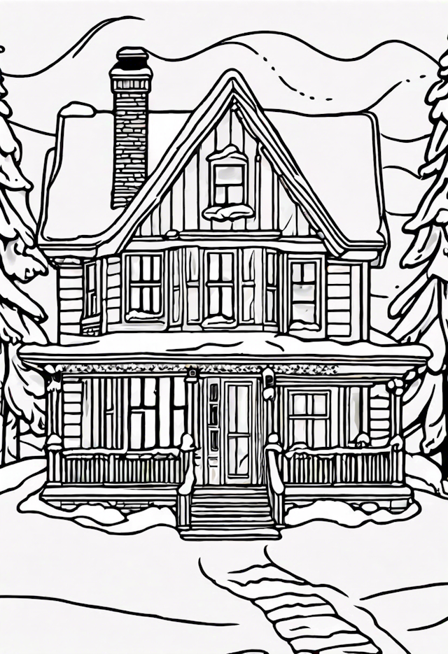 Cozy Snowy Cottage Coloring Page