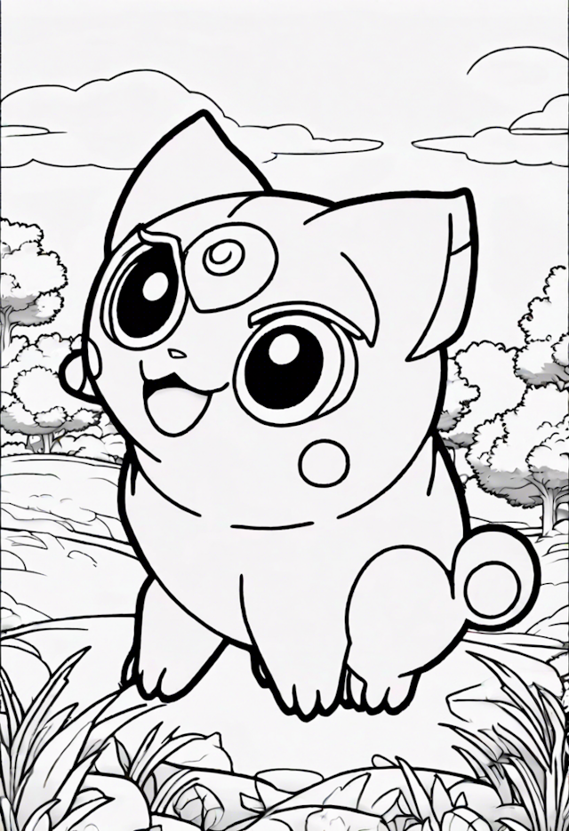A coloring page of Cute Jigglypuff in the Forest Coloring Page