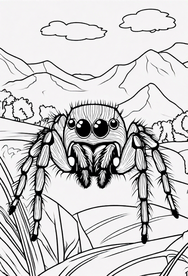 A coloring page of Spider Crawling in Front of Mountains Coloring Page