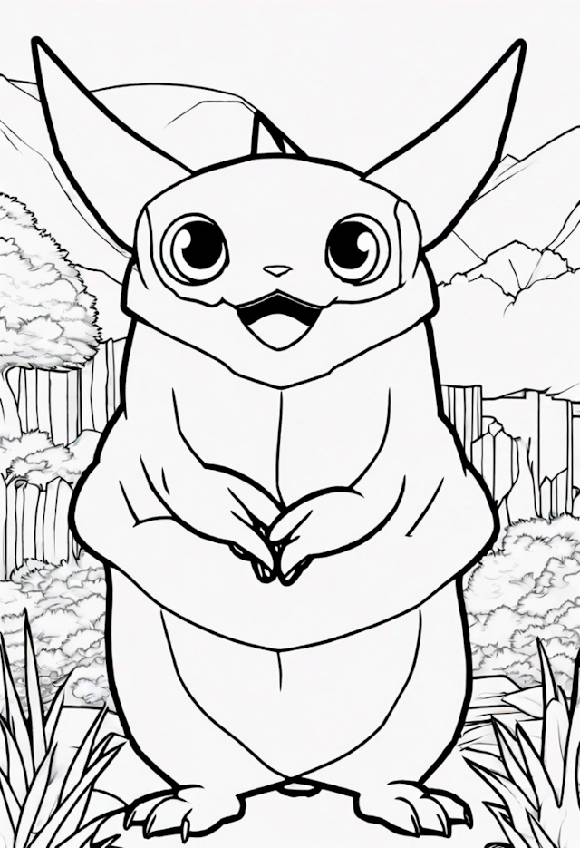 A coloring page of Furry Friend Pikachu in the Forest Coloring Page