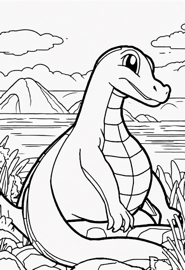 A coloring page of Dino Adventure by the Lakeside