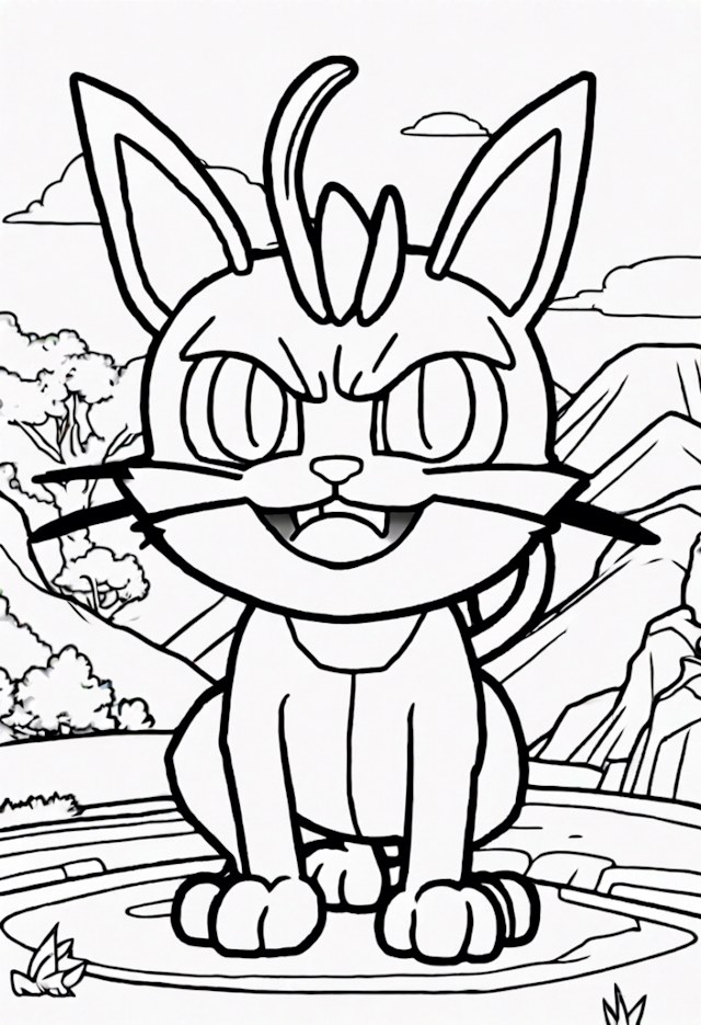 A coloring page of Meowth’s Adventure in the Mountains Coloring Page