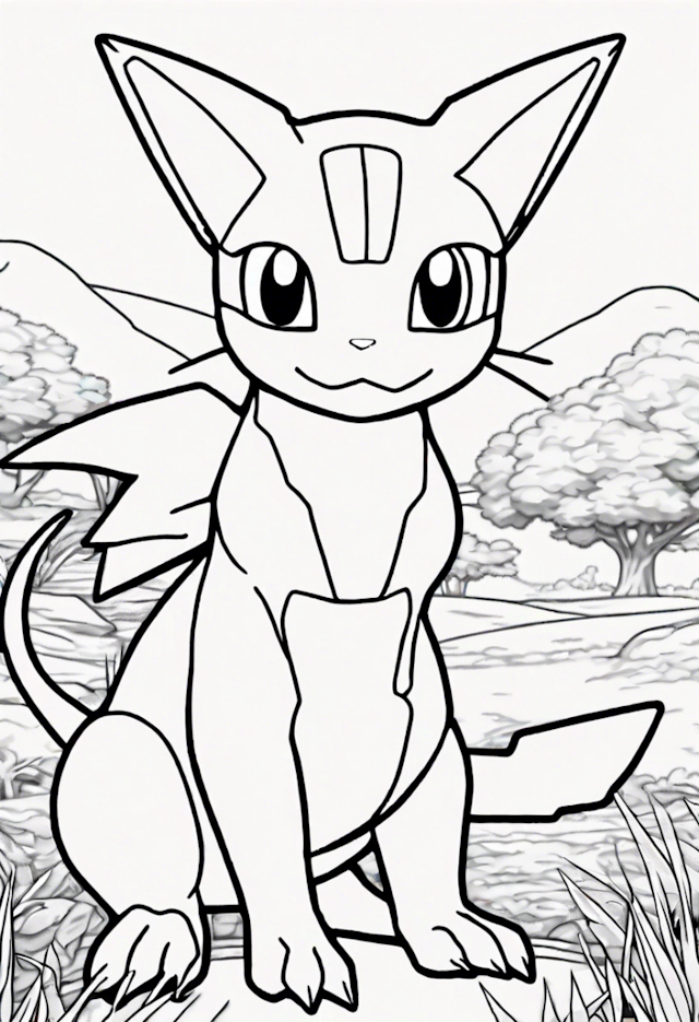 A coloring page of Espeon in a Scenic Forest