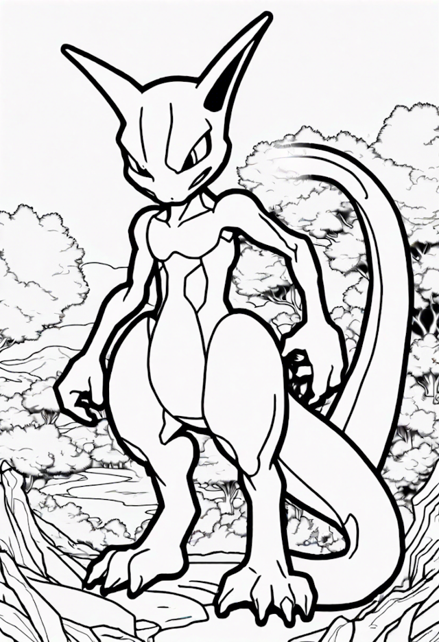 A coloring page of Mewtwo in the Forest Coloring Page