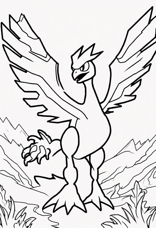 A coloring page of Lugia Takes Flight Over Mountains Coloring Page
