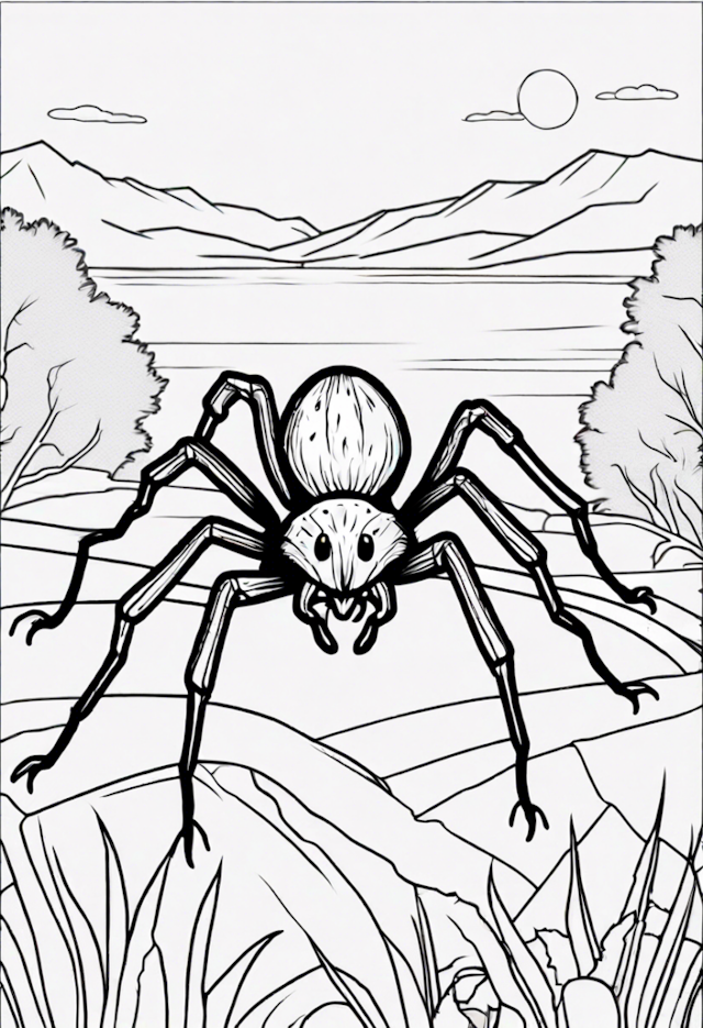 A coloring page of Spider in the Countryside Coloring Page