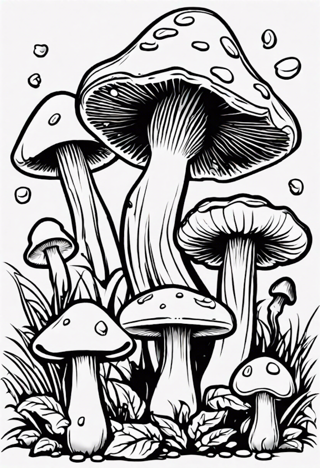 A coloring page of Magical Mushroom Meadow Coloring Page