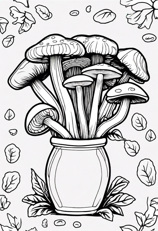 A coloring page of Mushroom Bouquet in a Pot Coloring Page