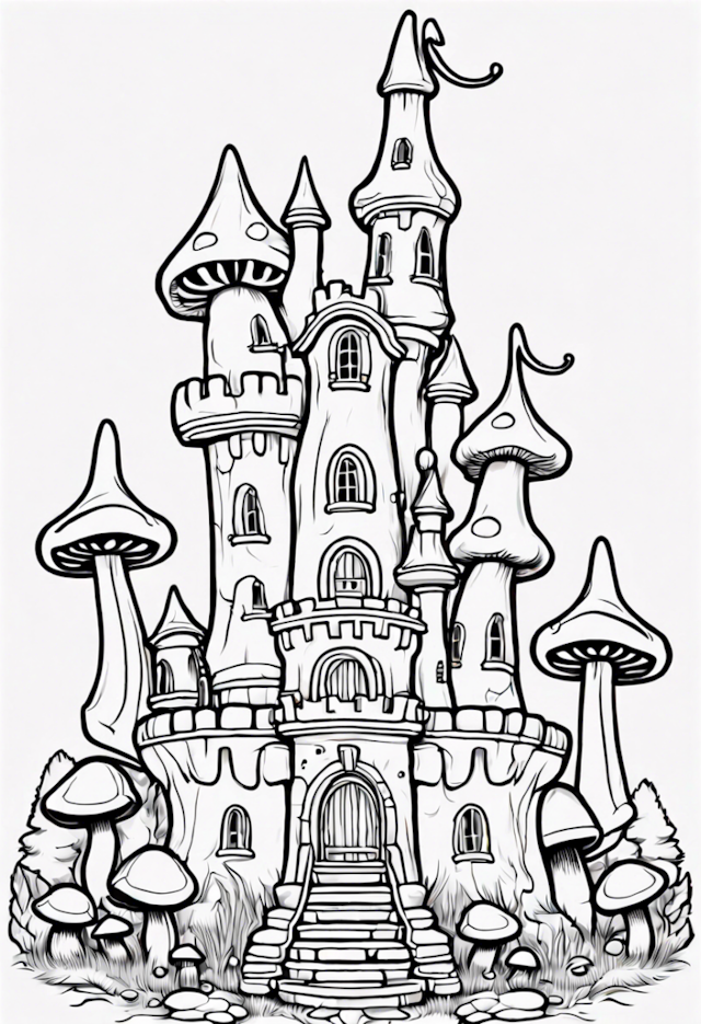 A coloring page of Enchanted Mushroom Castle Coloring Page