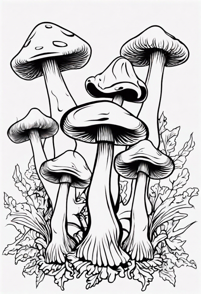 A coloring page of Enchanted Forest: Mushrooms Wonderland Coloring Page