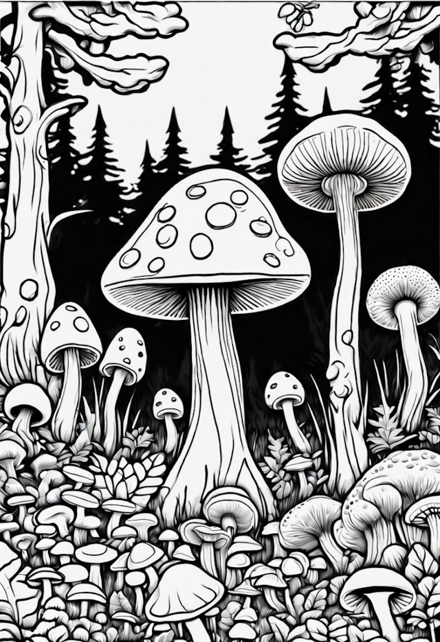 A coloring page of Enchanted Forest of Gigantic Mushrooms
