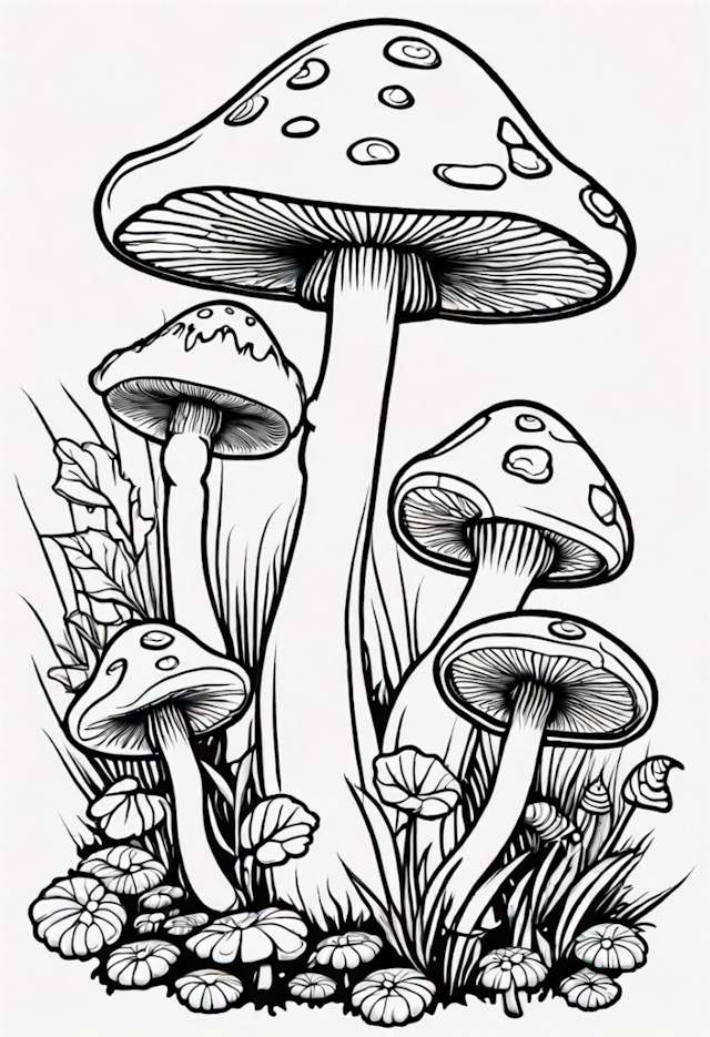 A coloring page of Mushroom Fantasy Forest Coloring Page