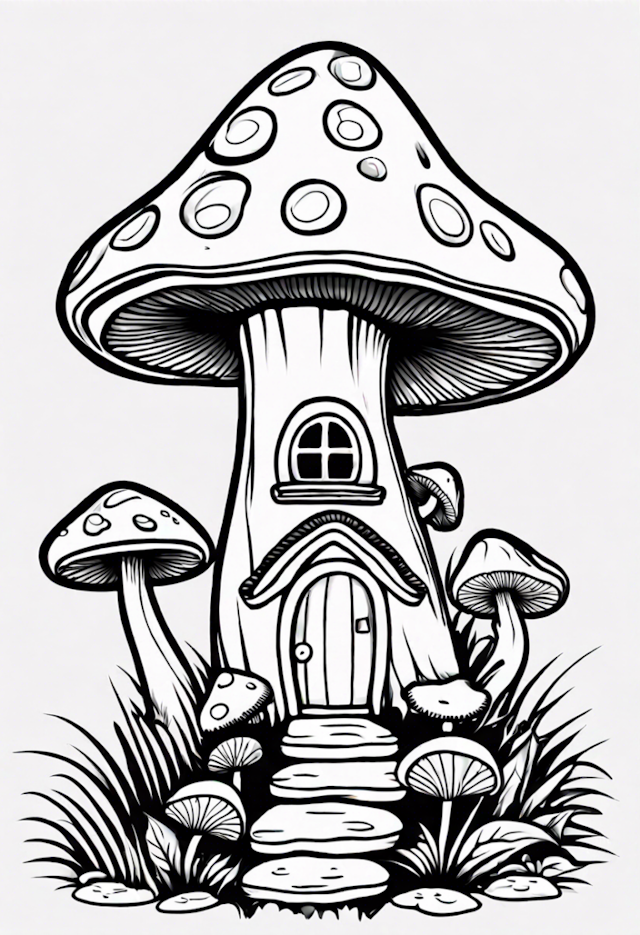 A coloring page of Mushroom Cottage Coloring Adventure