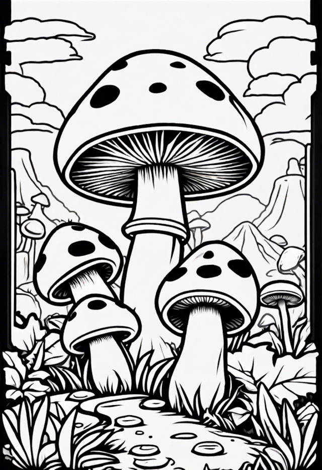 A coloring page of Magical Mushroom Forest