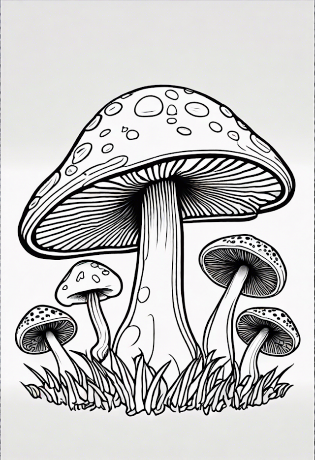 A coloring page of Magical Mushrooms in the Forest